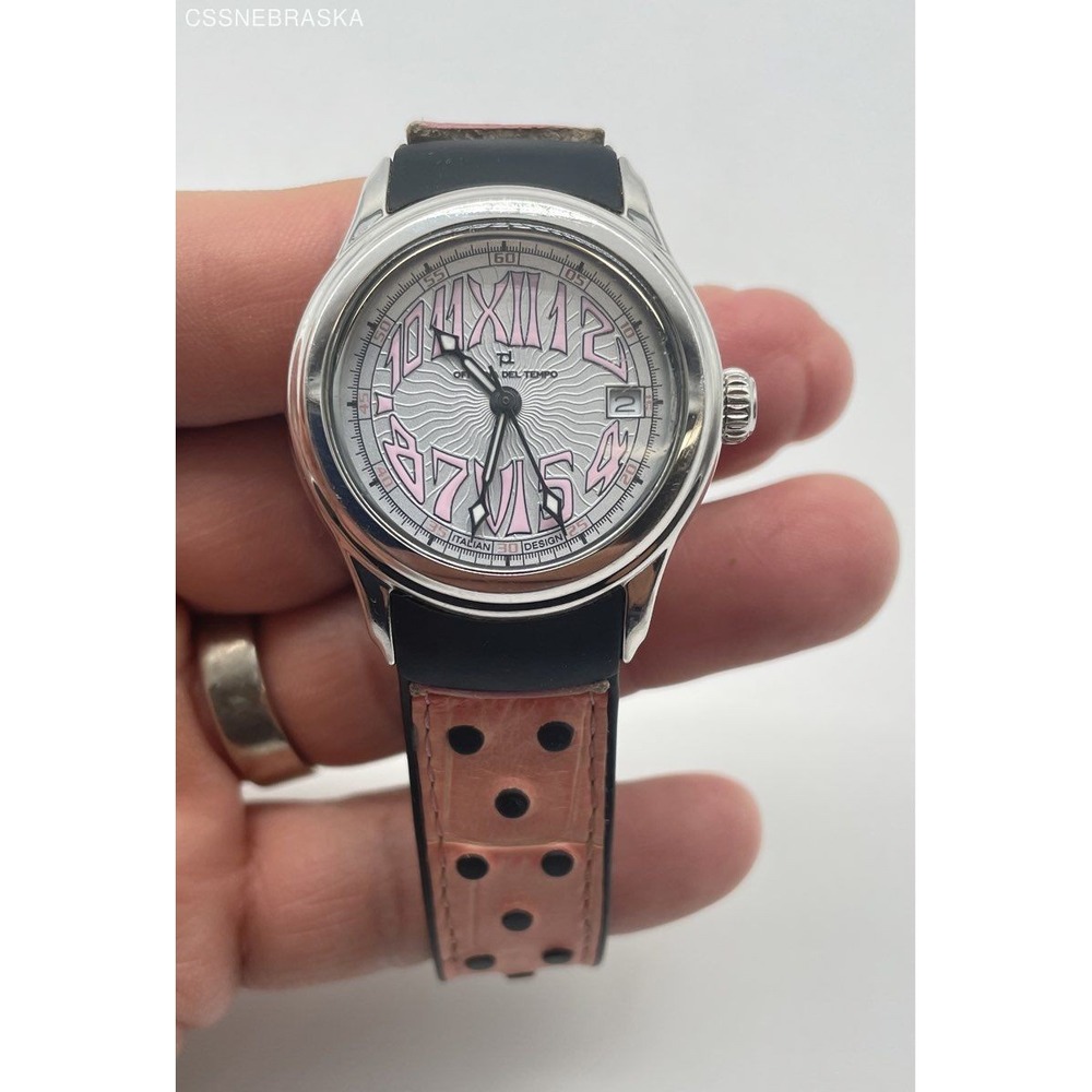 Genuine Officina‎ Del Tempo Pink Women's Watch Leather Black Rubber Band Date